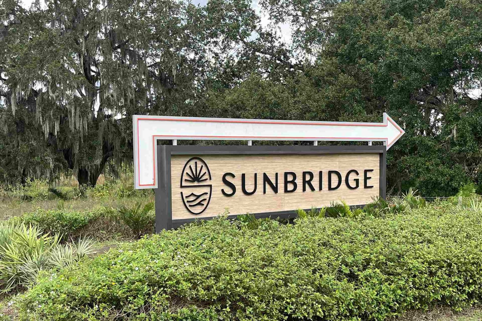 Sunbridge Entrance Sign at Cyrils Dr and N Narcoosee Rd. Sunbridge contributes to the St Cloud Florida Real Estate boom and is the largest new home construction development.